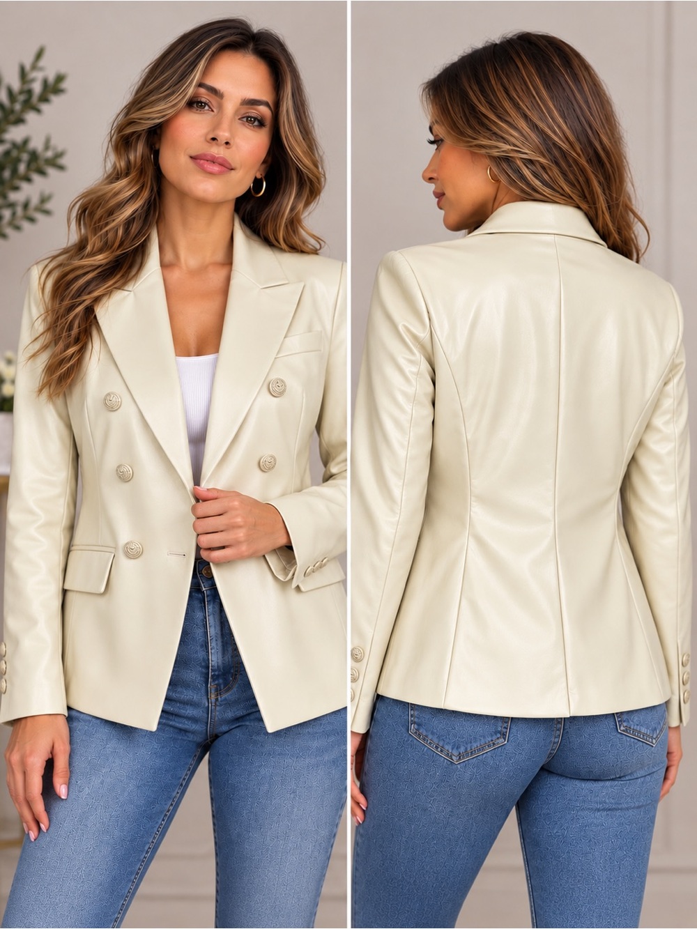 🌙✨ BACCINI Cream Pearlescent Faux Leather Double-Breasted Blazer M